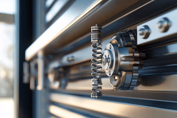 A detailed view of a well-maintained garage door mechanism, showcasing its various components in perfect condition.