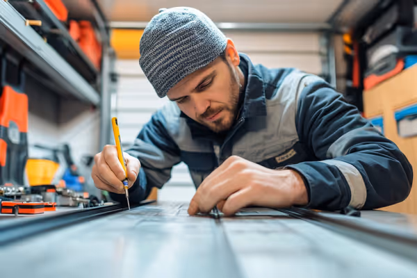 A technician inspecting and repairing a misaligned garage door track, showcasing expertise and attention to detail.