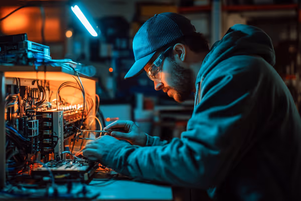 A certified garage door technician equipped with safety gear, working on electrical components of a garage door system.