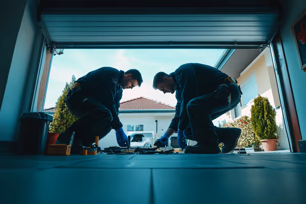 An image detailing professionals inspecting and repairing a garage door, symbolizing the value of expert intervention for complex garage door issues.