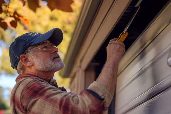 Visual representation of a homeowner conducting regular maintenance checks on a garage door, using essential tools and ensuring everything is in working order, highlighting the importance of care.