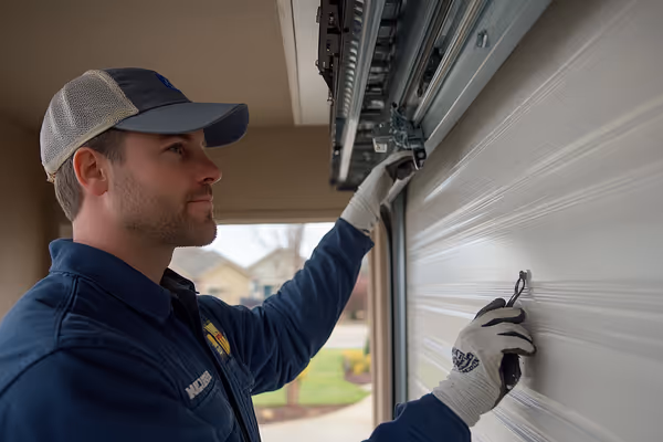 A technician lubricating the moving parts of a garage door while performing routine maintenance.